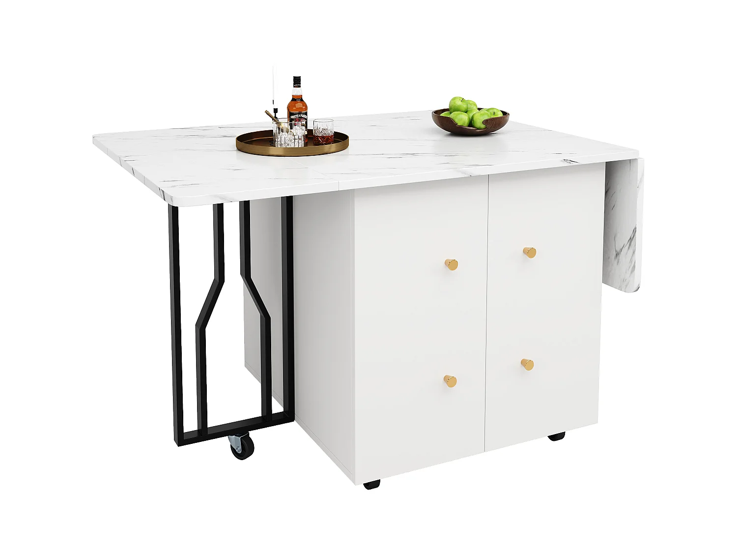 Uitschuifbare eettafel - Metalen poten - Met 2 deuren - Met 6 wieltjes - Wit + Zwart