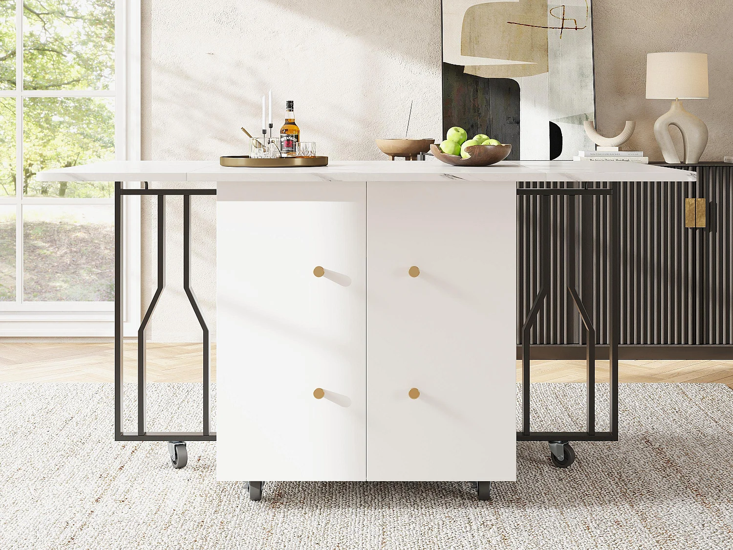 Mesa extensible - Patas de metal - Con 2 puertas - Con 6 ruedas - Blanco + Negro