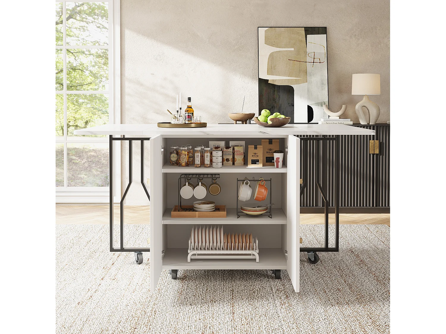 Mesa extensible - Patas de metal - Con 2 puertas - Con 6 ruedas - Blanco + Negro