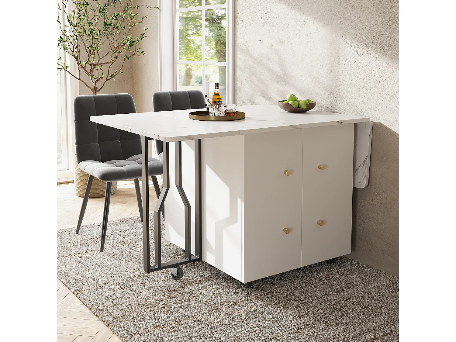 Mesa extensible - Patas de metal - Con 2 puertas - Con 6 ruedas - Blanco + Negro