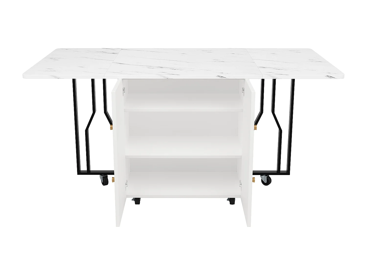 Mesa extensible - Patas de metal - Con 2 puertas - Con 6 ruedas - Blanco + Negro