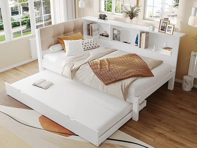 Canapé-lit 90x200 cm - Lit simple - Avec lit gigogne - Avec bande lumineuse LED - Avec étagère - Avec port USB - Pin - Blanc (sans matelas)