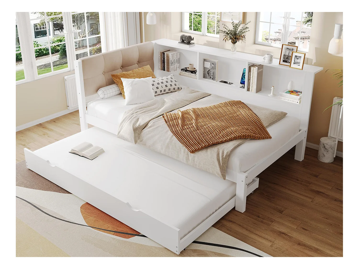 Canapé-lit 90x200 cm - Lit simple - Avec lit gigogne - Avec bande lumineuse LED - Avec étagère - Avec port USB - Pin - Blanc (sans matelas)