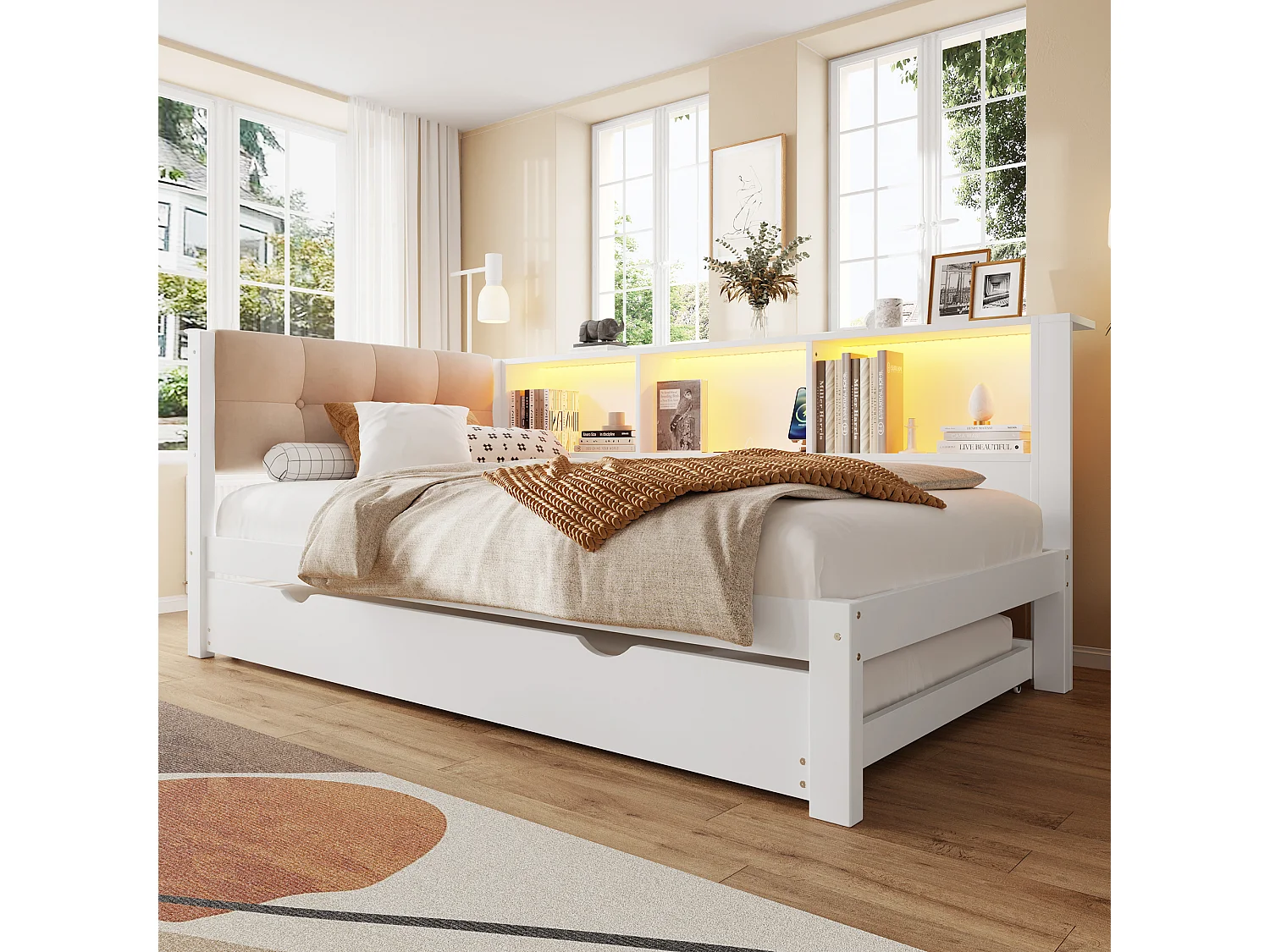 Kanapa rozkładana 90x200 cm​​ - Łóżko pojedyncze - Z łóżkiem schowkowym - Z taśmą LED - Z półką - Z portem USB - Sosna - Biały (bez materaca)