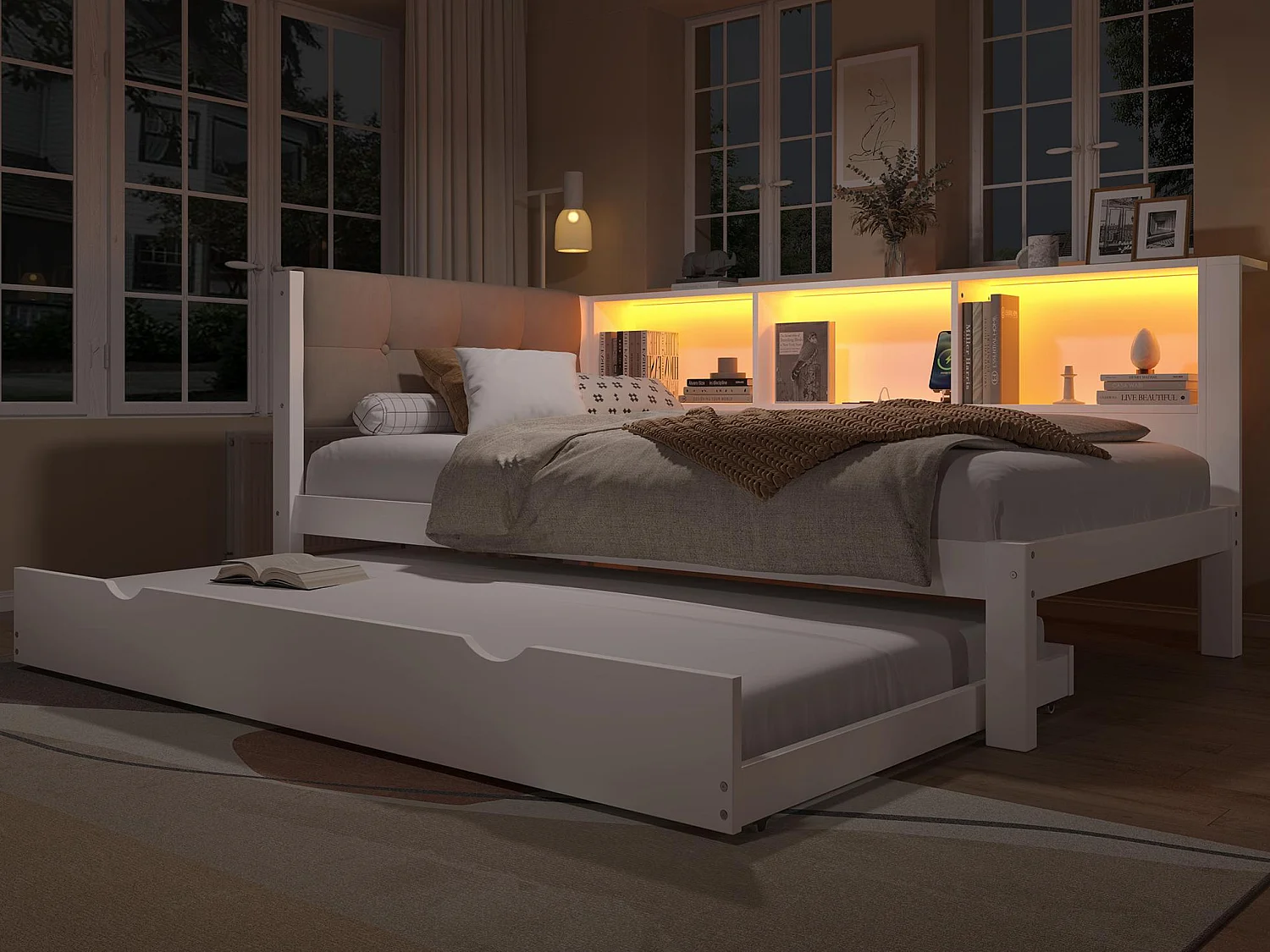 Kanapa rozkładana 90x200 cm​​ - Łóżko pojedyncze - Z łóżkiem schowkowym - Z taśmą LED - Z półką - Z portem USB - Sosna - Biały (bez materaca)
