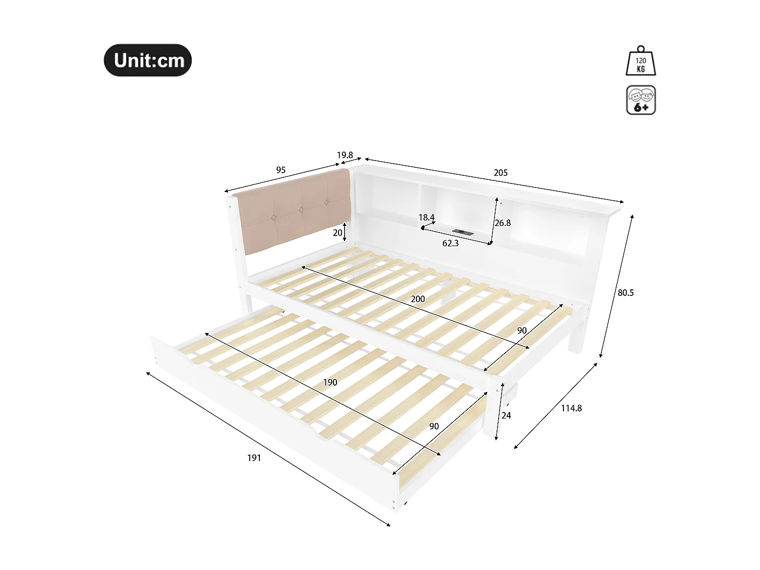 Kanapa rozkładana 90x200 cm​​ - Łóżko pojedyncze - Z łóżkiem schowkowym - Z taśmą LED - Z półką - Z portem USB - Sosna - Biały (bez materaca)