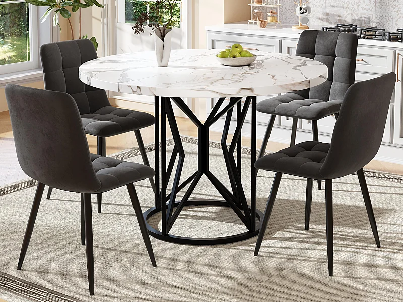 Mesa redonda100x100x76cm com 4 cadeiras - Tampos em MDF, estrutura metálica e almofadas de veludo - Branco&Preto