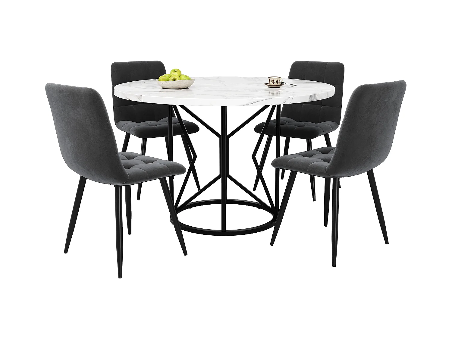 Okrągły stół 100x100x76cm z 4 krzesłami - Blat MDF, metalowa konstrukcja i aksamitne poduszki - Biały&Czarny