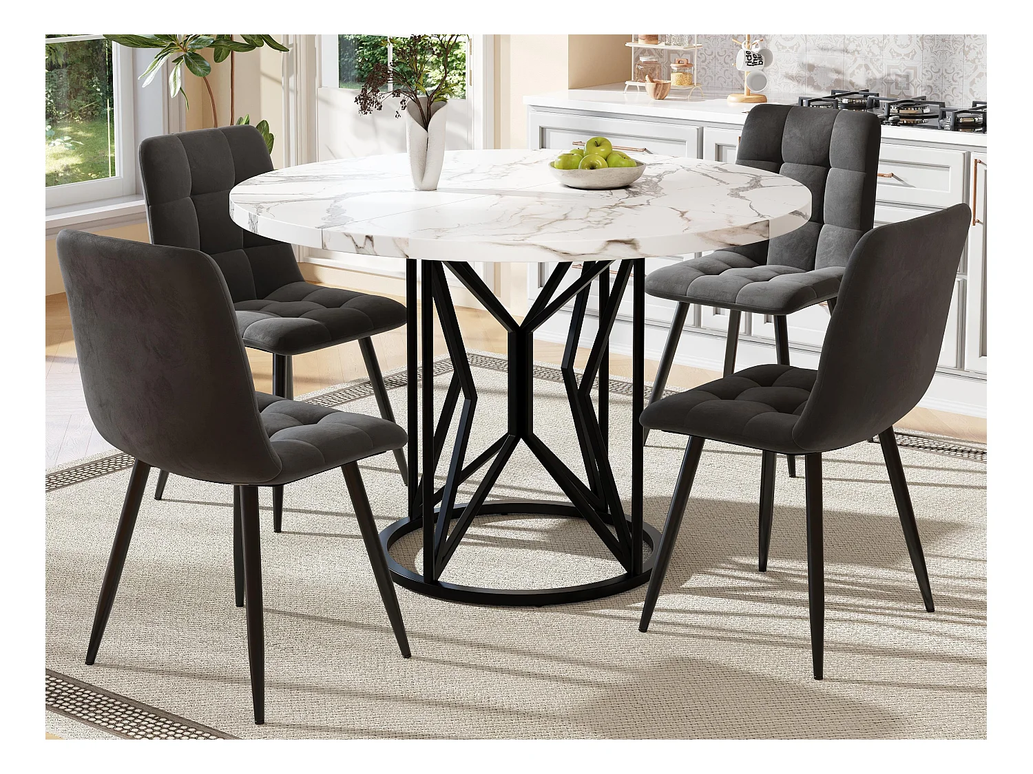 Ronde eettafel100x100x76cm met 4 stoelen - MDF blad, metalen frame en fluwelen kussens - Wit&Zwart