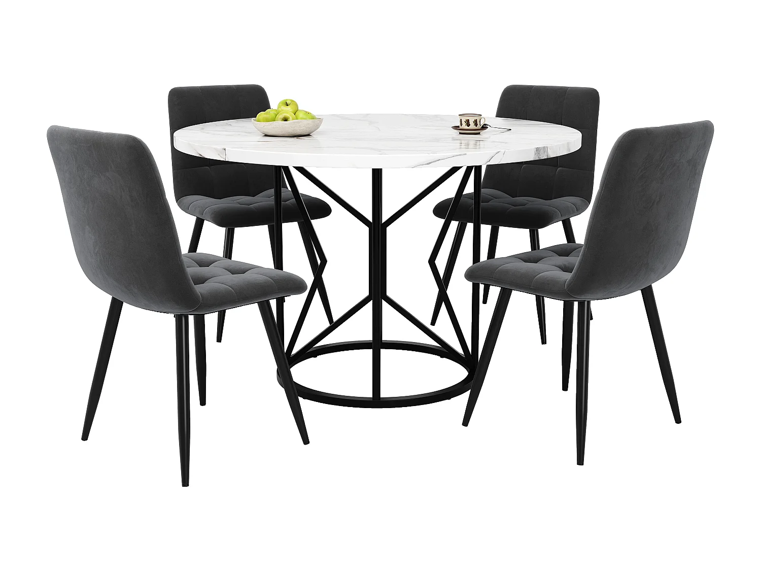 Table à manger ronde100x100x76cm et 4 chaises - plateau en MDF、Structure en métal et coussins en velours - Blanc&Noir