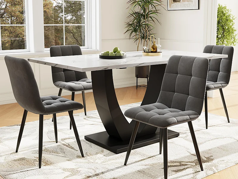 Mesa com 4 cadeiras - Tampos em MDF, estrutura metálica e almofadas de veludo - Branco e Preto