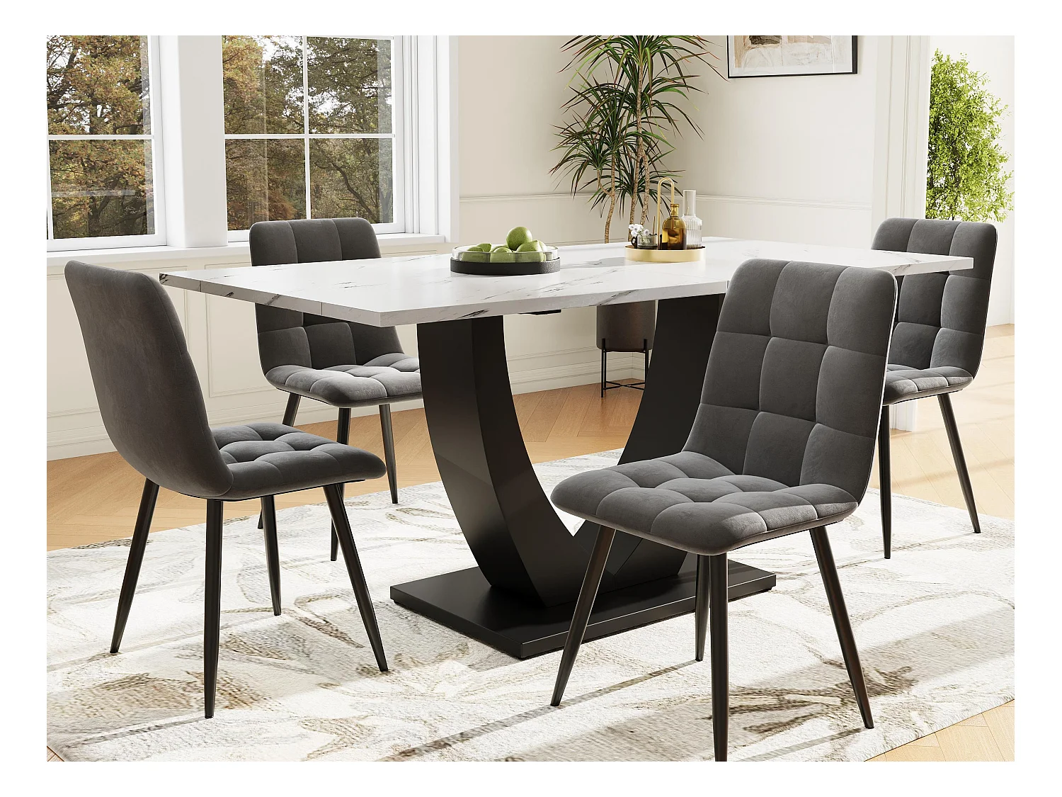 Table à manger et 4 chaises - plateau en MDF、Structure en métal et coussins en velours - Blanc & Noir