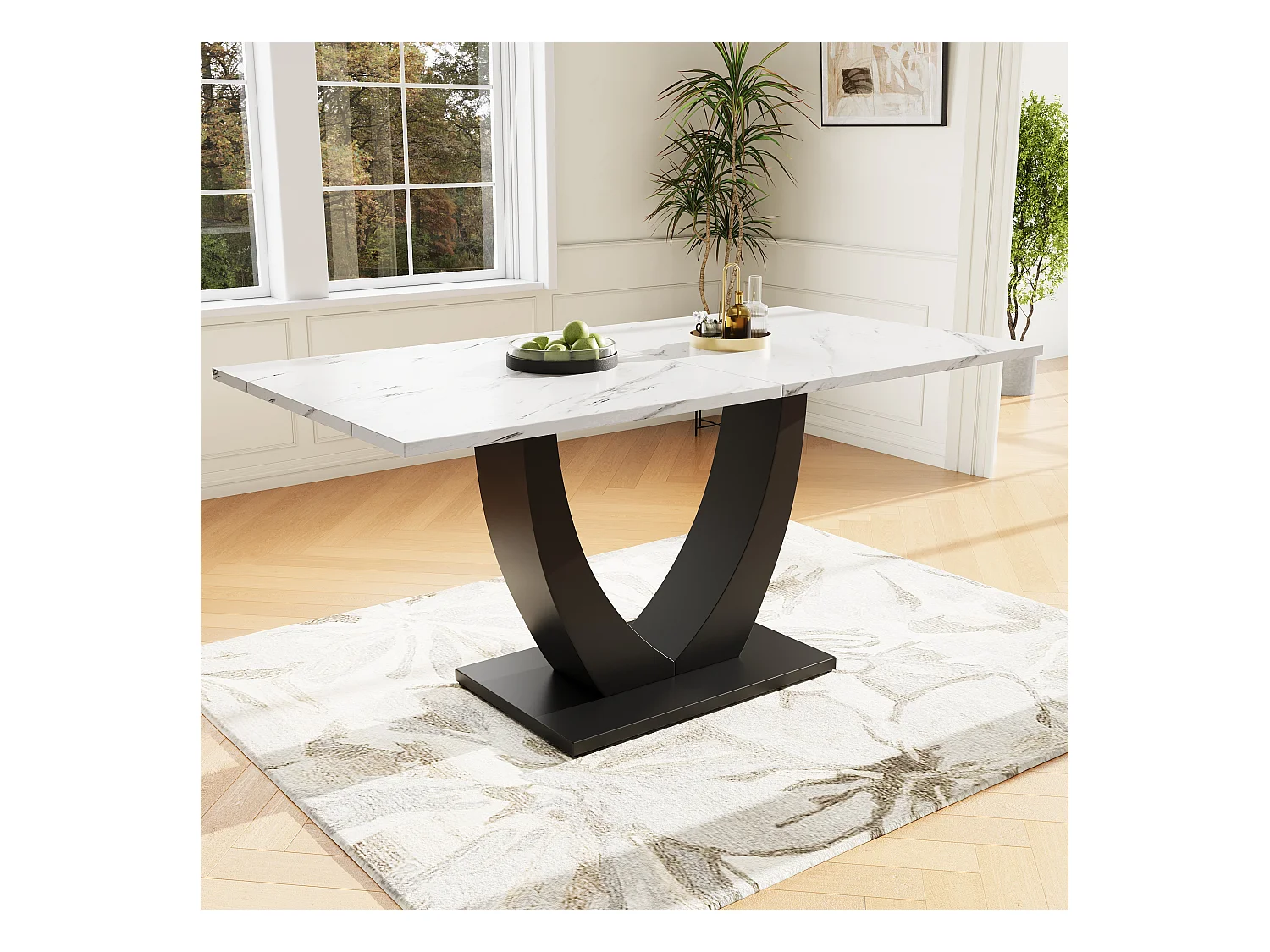 Table à manger et 4 chaises - plateau en MDF、Structure en métal et coussins en velours - Blanc & Noir