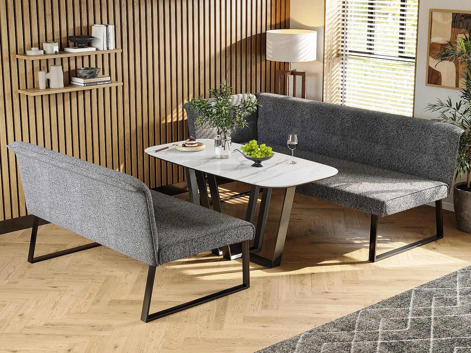 Table à manger et canapé en velours - Plateau de table en marbre artificiel - MDF - 4 à 6 personnes - Blanc + Gris