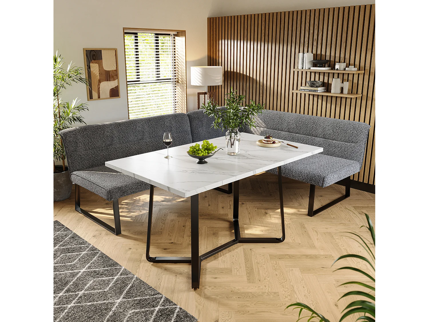 Table à manger et canapé en velours - Plateau de table en marbre artificiel - MDF - 4 à 6 personnes - Blanc + Gris