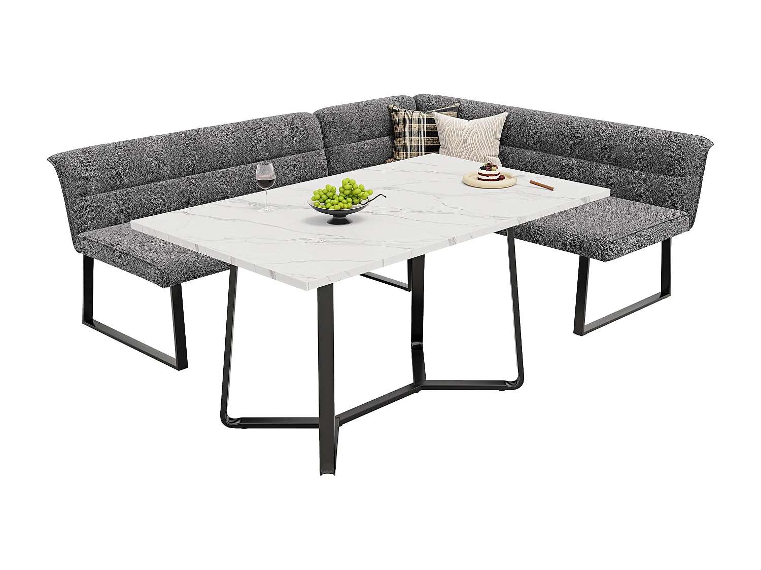 Table à manger et canapé en velours - Plateau de table en marbre artificiel - MDF - 4 à 6 personnes - Blanc + Gris