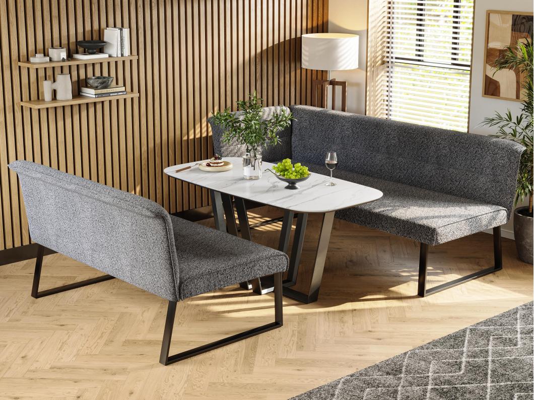 Eettafel en fluwelen bank - Tafelblad van kunstmarmer - MDF - Voor 4-6 personen - Wit + Grijs