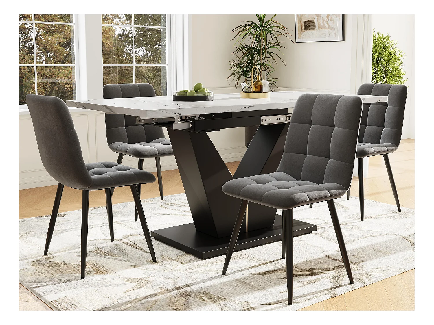 Table à manger extensible et 4 chaises - plateau en MDF、Structure en métal et coussins en velours - Blanc & Noir