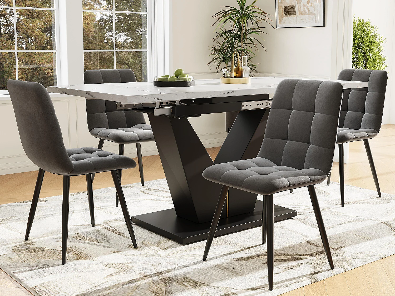 Mesa extensível com 4 cadeiras - Tampos em MDF, estrutura metálica e almofadas de veludo - Branco e Preto