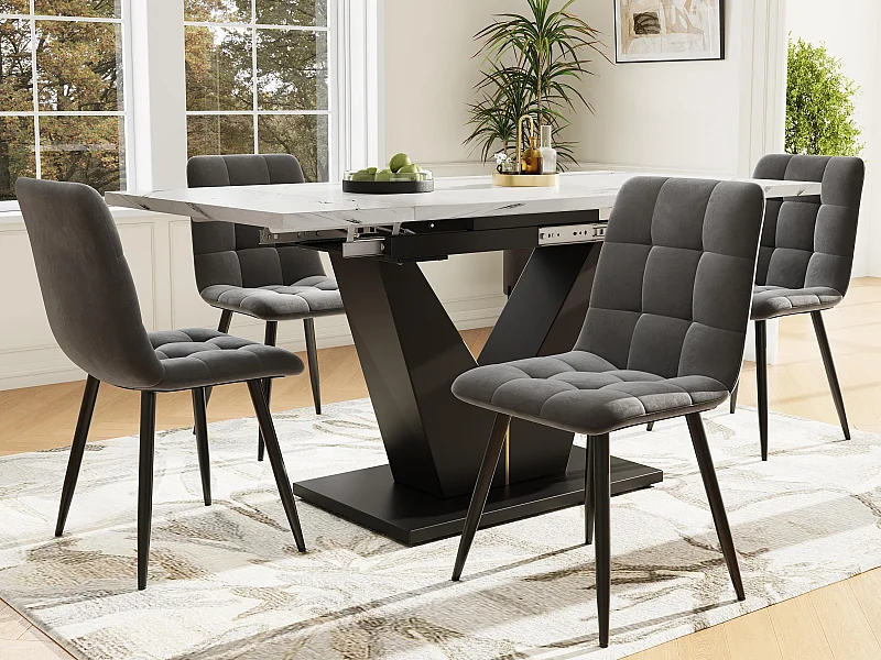 Mesa extensível com 4 cadeiras - Tampos em MDF, estrutura metálica e almofadas de veludo - Branco e Preto