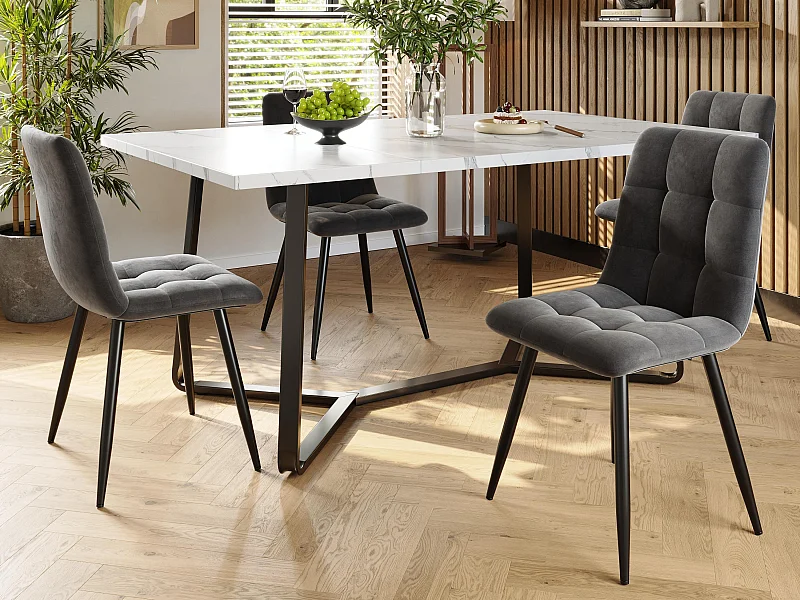 Esstisch mit 4 Stühlen - Tischplatte aus MDF, Metallgestell und Samtkissen - Weiß und Schwarz