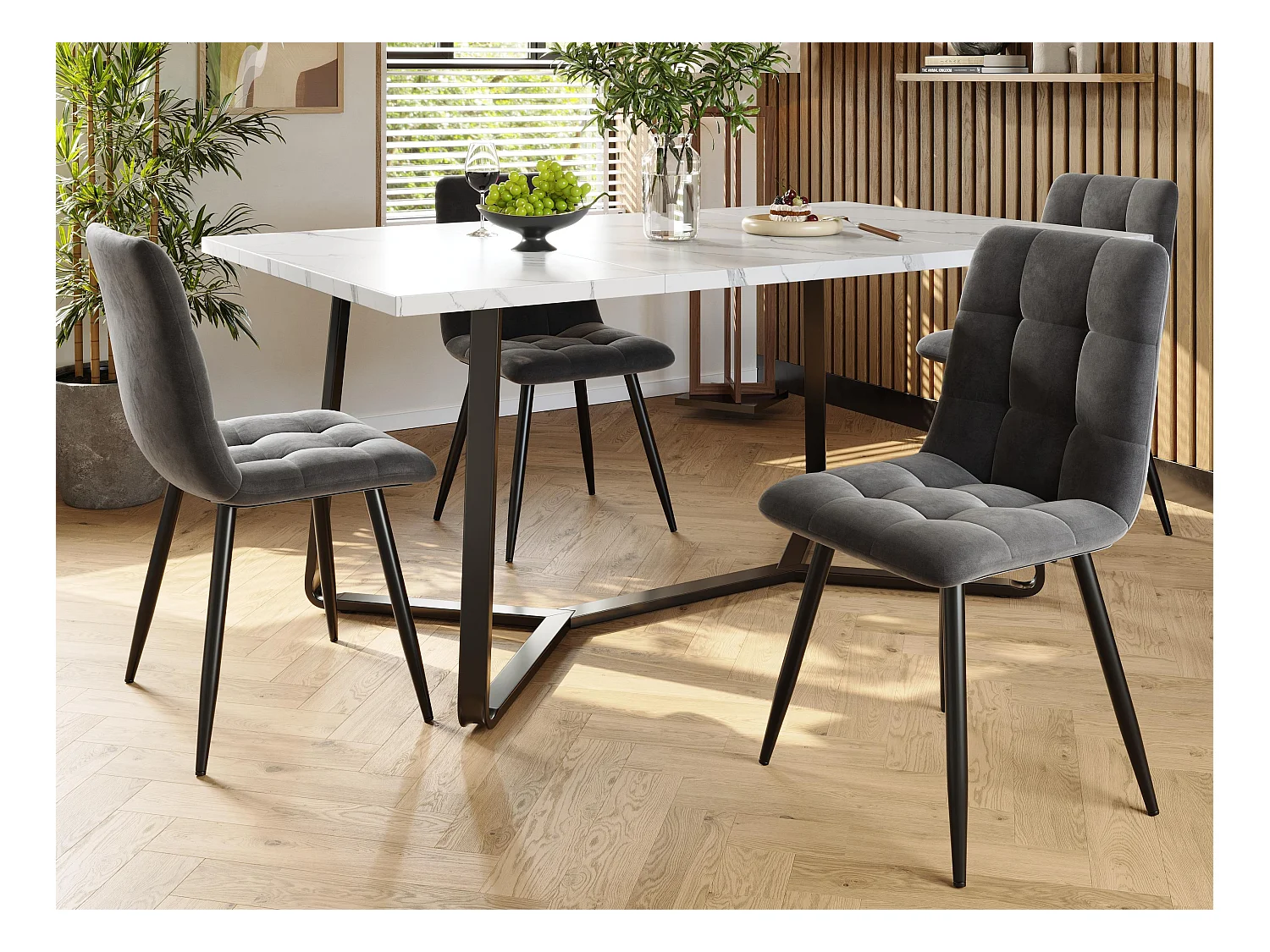 Eettafel met 4 stoelen - MDF blad, metalen frame en fluwelen kussens - Wit en Zwart