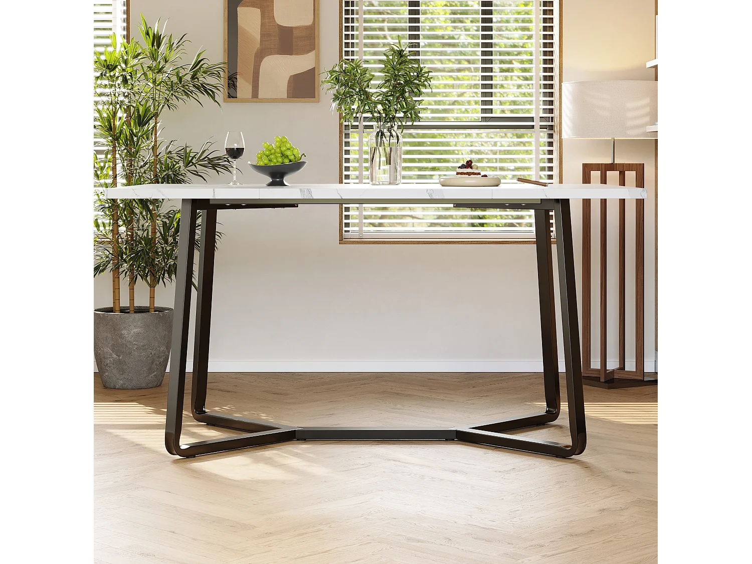 Table à manger et 4 chaises - plateau en MDF、Structure en métal et coussins en velours - Blanc & Noir