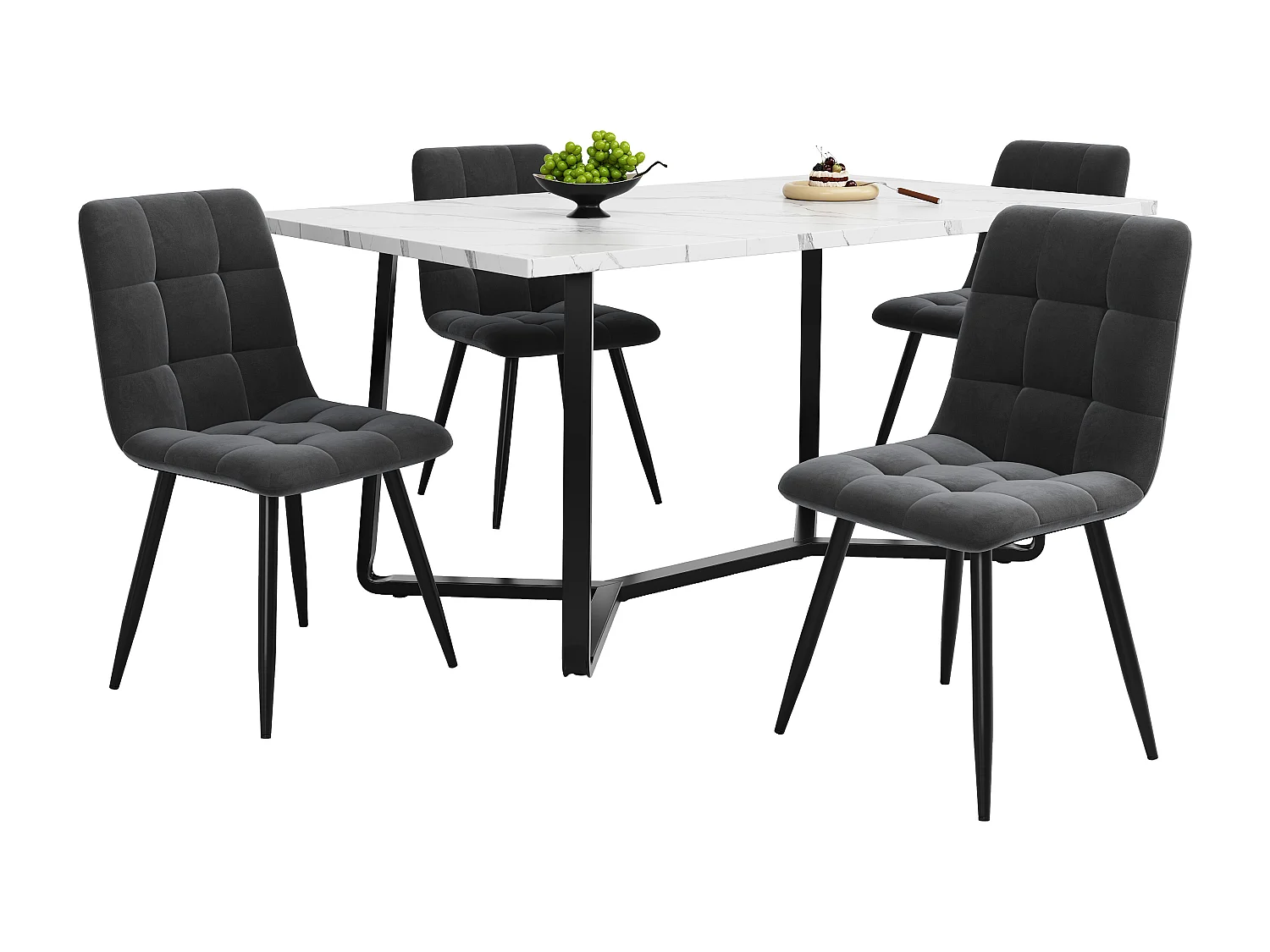 Table à manger et 4 chaises - plateau en MDF、Structure en métal et coussins en velours - Blanc & Noir