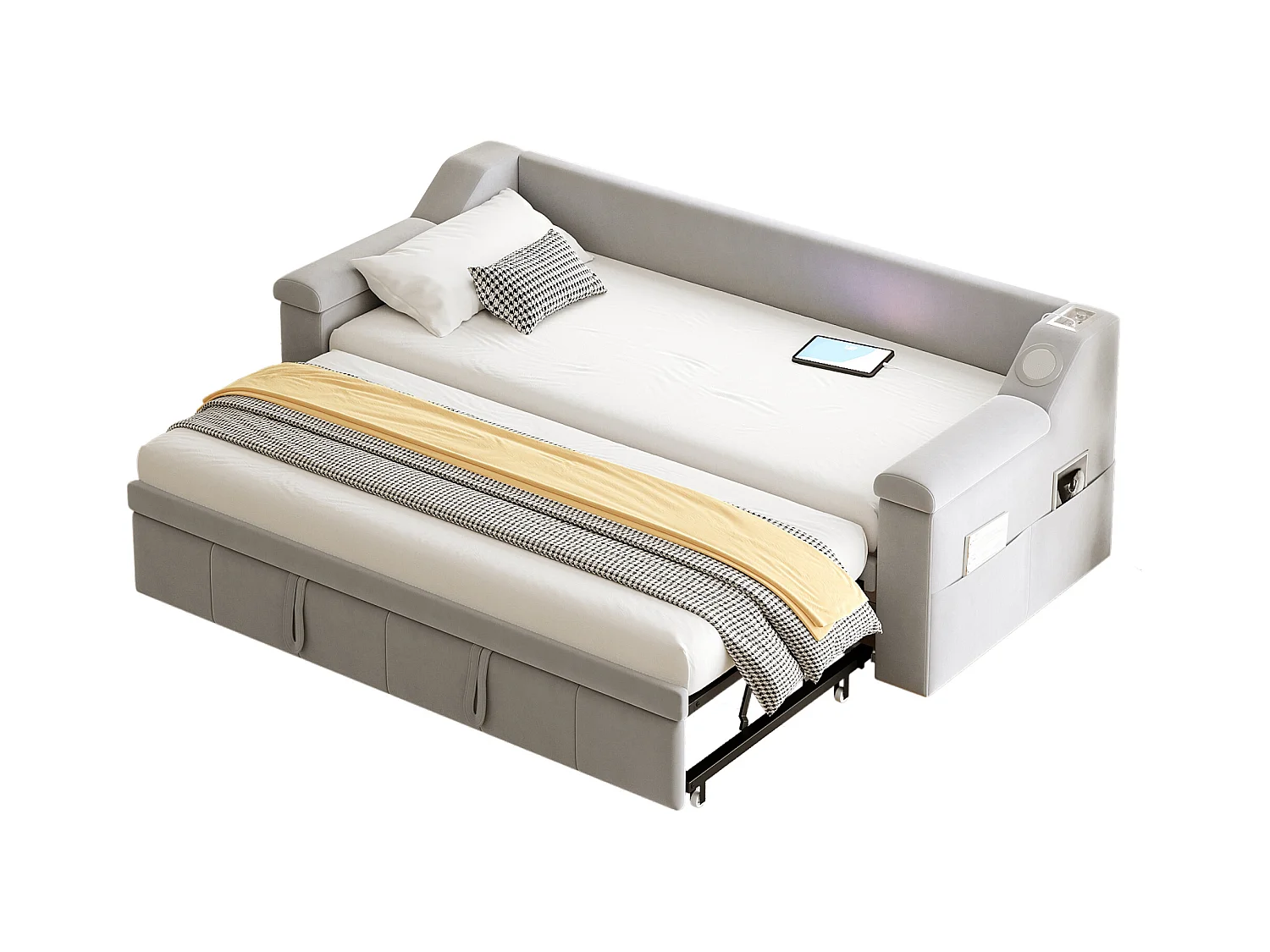 Canapé-lit rembourré 90x190 cm - avec port de charge USB - avec système audio Bluetooth intelligent - tissu velours - gris clair