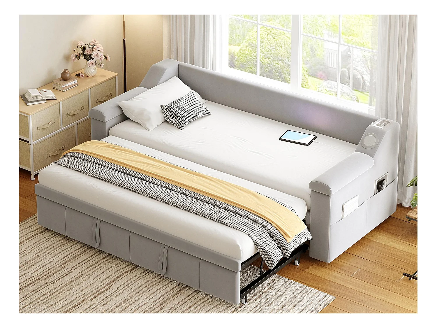 Canapé-lit rembourré 90x190 cm - avec port de charge USB - avec compartiments de rangement - tissu velours - gris clair