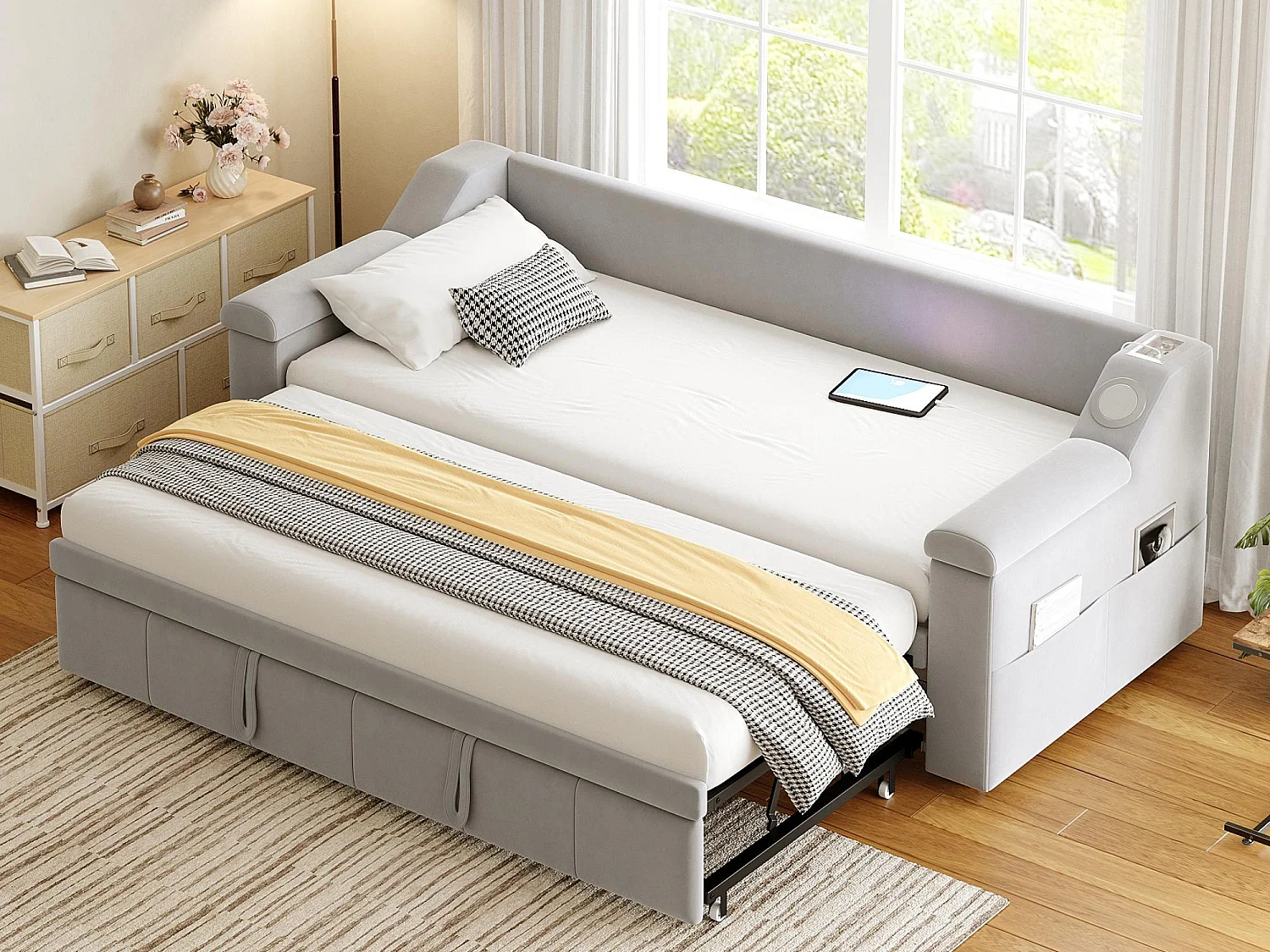 Divano letto imbottito 90x190 cm - con porta di ricarica USB - con sistema audio Bluetooth intelligente - tessuto velluto - grigio chiaro
