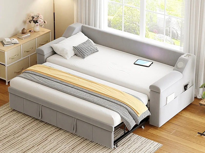 Gestapte slaapbank 90x190 cm - met USB-oplaadpoort - met slim Bluetooth-audiosysteem - fluweelstof - lichtgrijs