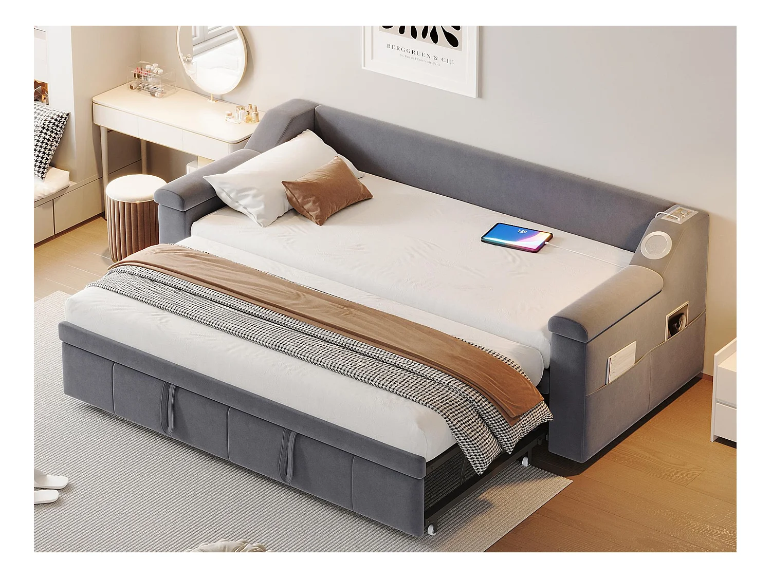 Tapicerowana sofa z łóżkiem 90x190 cm - z portem ładowania USB - z inteligentnym systemem audio Bluetooth - welurowa tkanina - ​​szary​