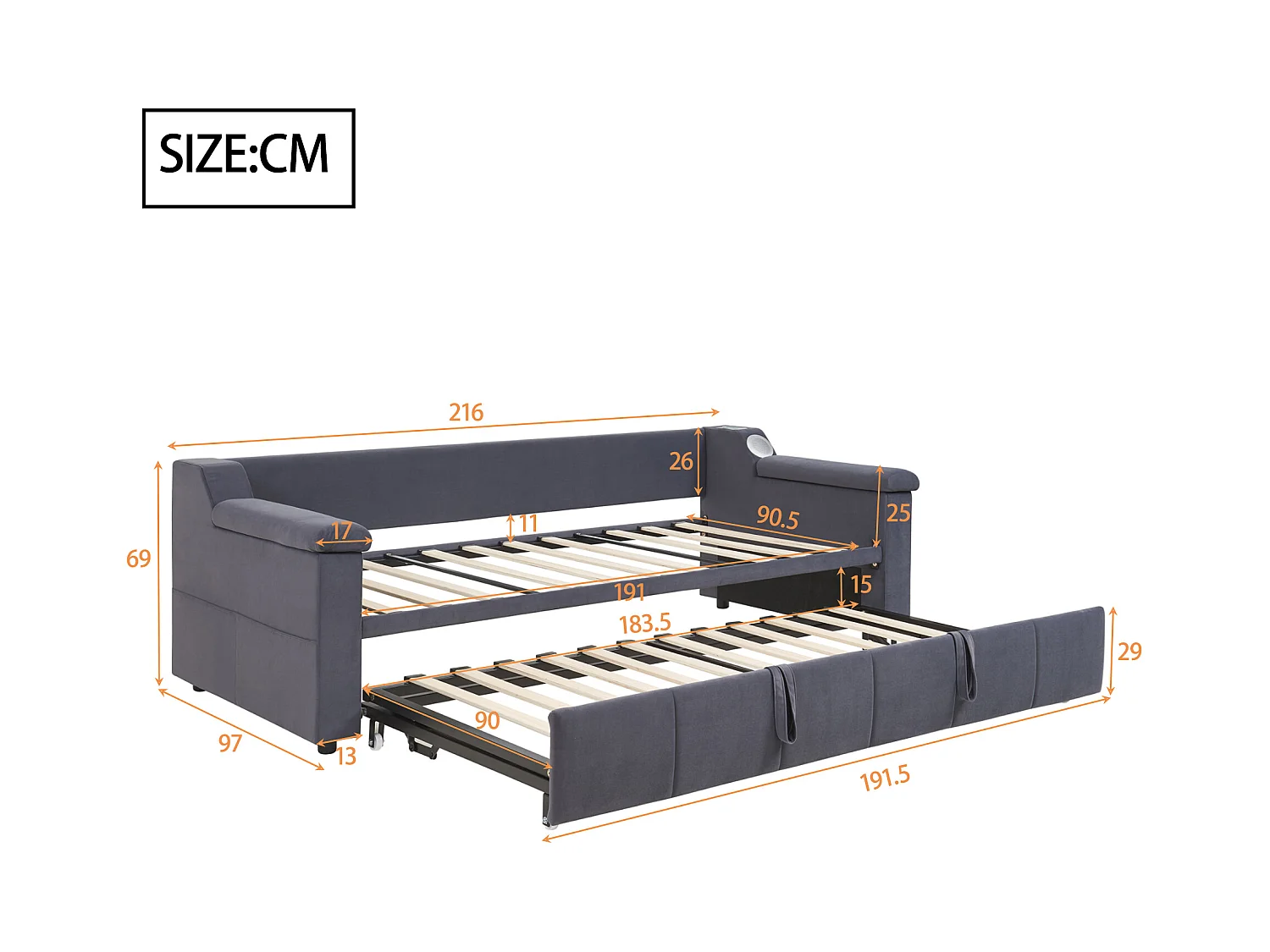 Tapicerowana sofa z łóżkiem 90x190 cm - z portem ładowania USB - z inteligentnym systemem audio Bluetooth - welurowa tkanina - ​​szary​