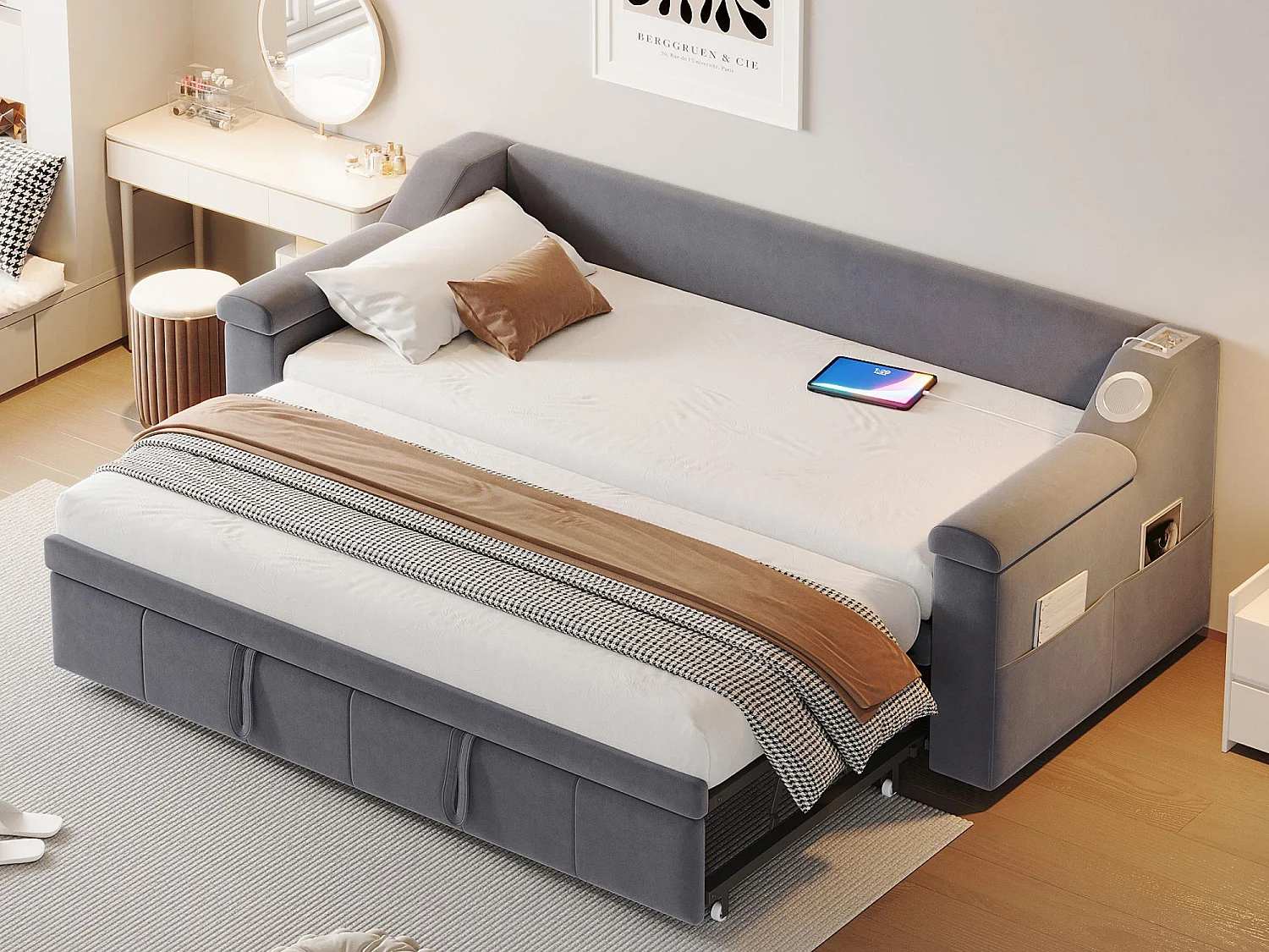 Divano letto imbottito 90x190 cm - con porta di ricarica USB - con sistema audio Bluetooth intelligente - tessuto velluto - ​​grigio​