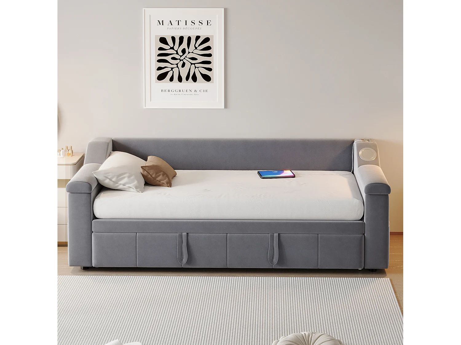 Divano letto imbottito 90x190 cm - con porta di ricarica USB - con sistema audio Bluetooth intelligente - tessuto velluto - ​​grigio​