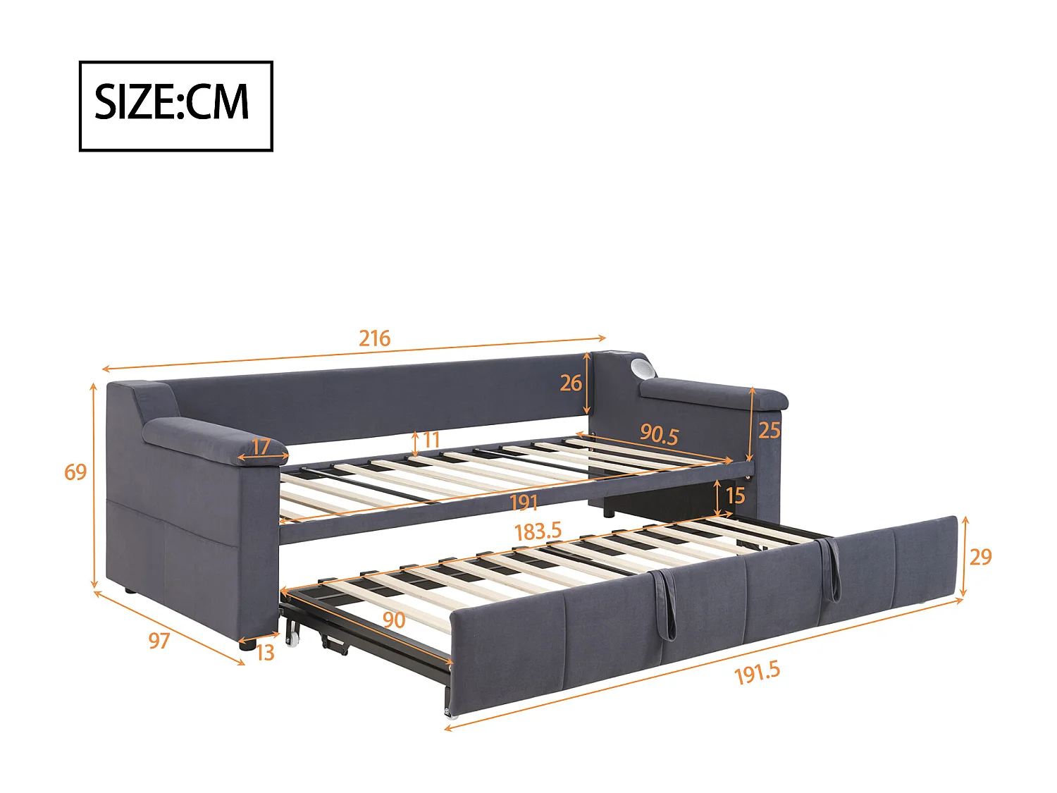 Divano letto imbottito 90x190 cm - con porta di ricarica USB - con sistema audio Bluetooth intelligente - tessuto velluto - ​​grigio​