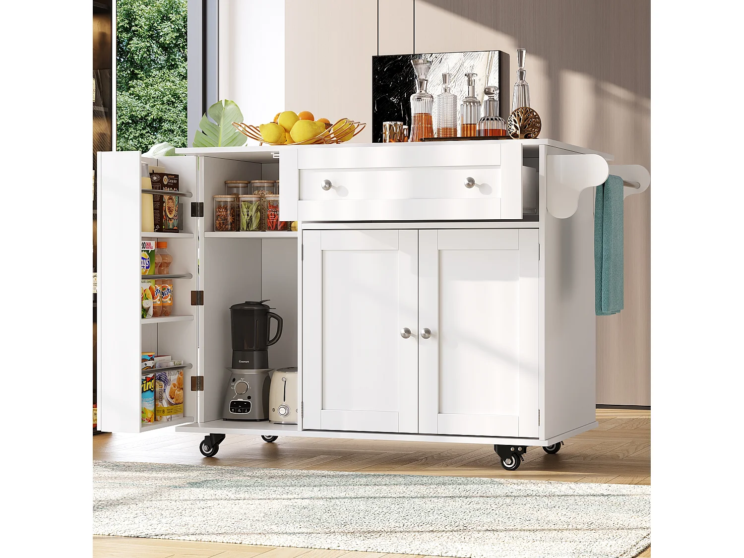 Mobilna wyspa kuchenna - Blat wysuwany - 1 szuflada i 3 drzwi z półkami - z wieszakiem na ręczniki - MDF - biały