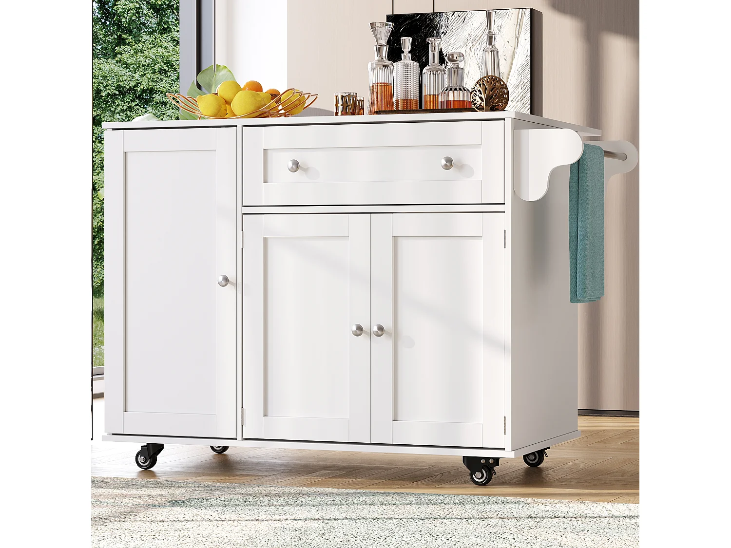 Mobilna wyspa kuchenna - Blat wysuwany - 1 szuflada i 3 drzwi z półkami - z wieszakiem na ręczniki - MDF - biały