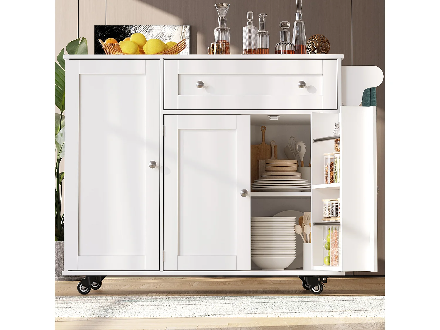 Mobilna wyspa kuchenna - Blat wysuwany - 1 szuflada i 3 drzwi z półkami - z wieszakiem na ręczniki - MDF - biały