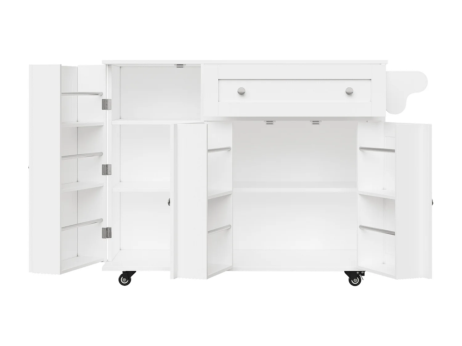 Mobilna wyspa kuchenna - Blat wysuwany - 1 szuflada i 3 drzwi z półkami - z wieszakiem na ręczniki - MDF - biały