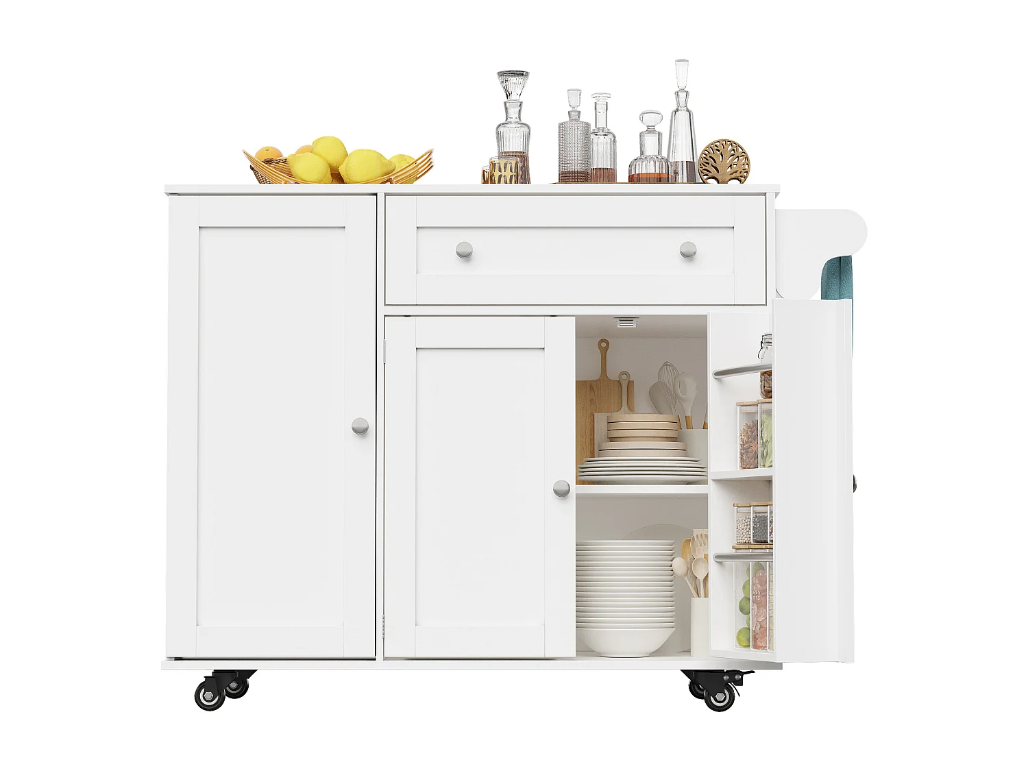 Mobilna wyspa kuchenna - Blat wysuwany - 1 szuflada i 3 drzwi z półkami - z wieszakiem na ręczniki - MDF - biały