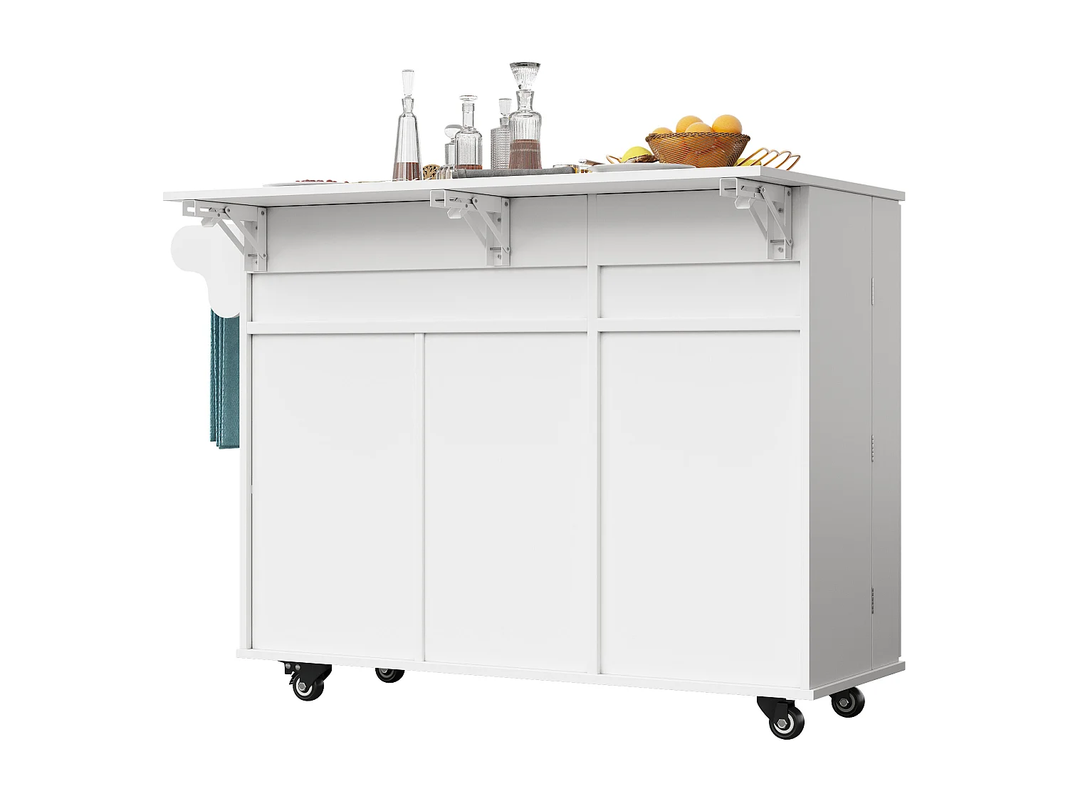 Mobilna wyspa kuchenna - Blat wysuwany - 1 szuflada i 3 drzwi z półkami - z wieszakiem na ręczniki - MDF - biały