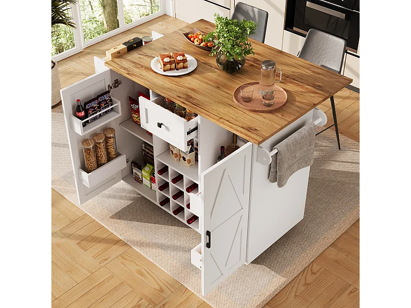Ilot central de cuisine mobile - Plateau extensible - 1 tiroir et 3 portes avec étagères - avec porte-serviettes - MDF - blanc + naturel
