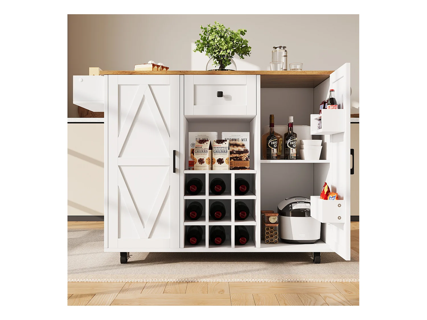 Ilot central de cuisine mobile - Plateau extensible - 1 tiroir et 3 portes avec étagères - avec porte-serviettes - MDF - blanc + naturel