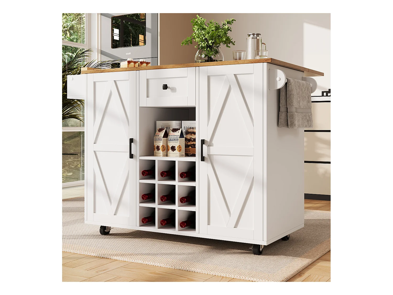 Ilot central de cuisine mobile - Plateau extensible - 1 tiroir et 3 portes avec étagères - avec porte-serviettes - MDF - blanc + naturel