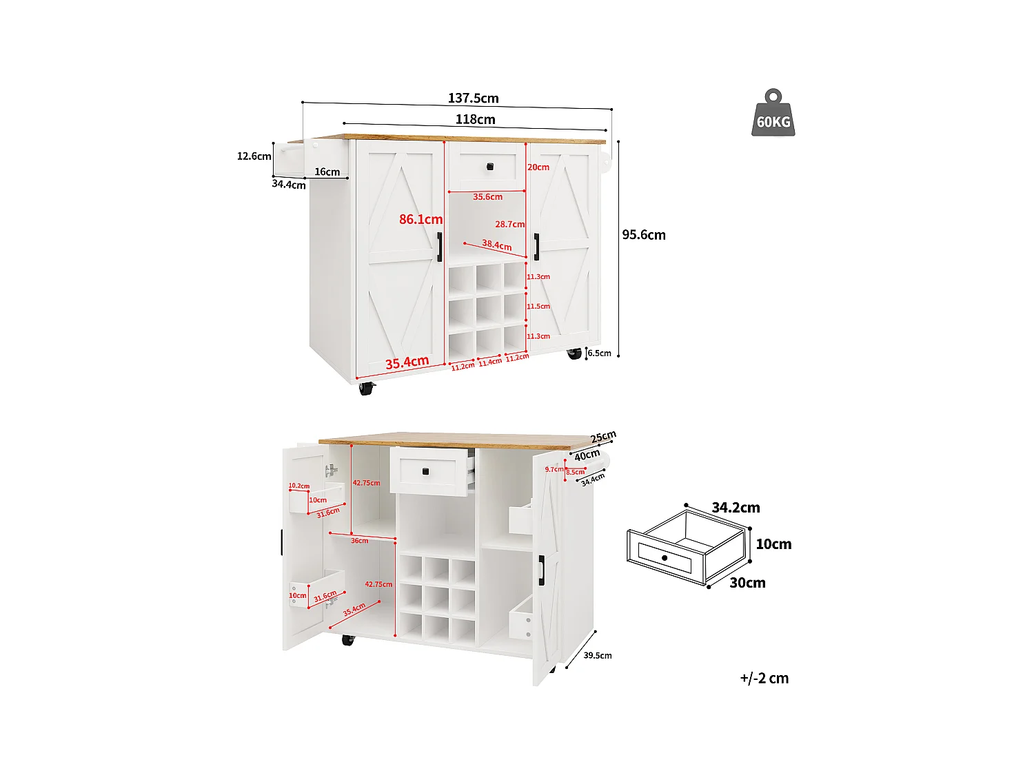 Ilot central de cuisine mobile - Plateau extensible - 1 tiroir et 3 portes avec étagères - avec porte-serviettes - MDF - blanc + naturel