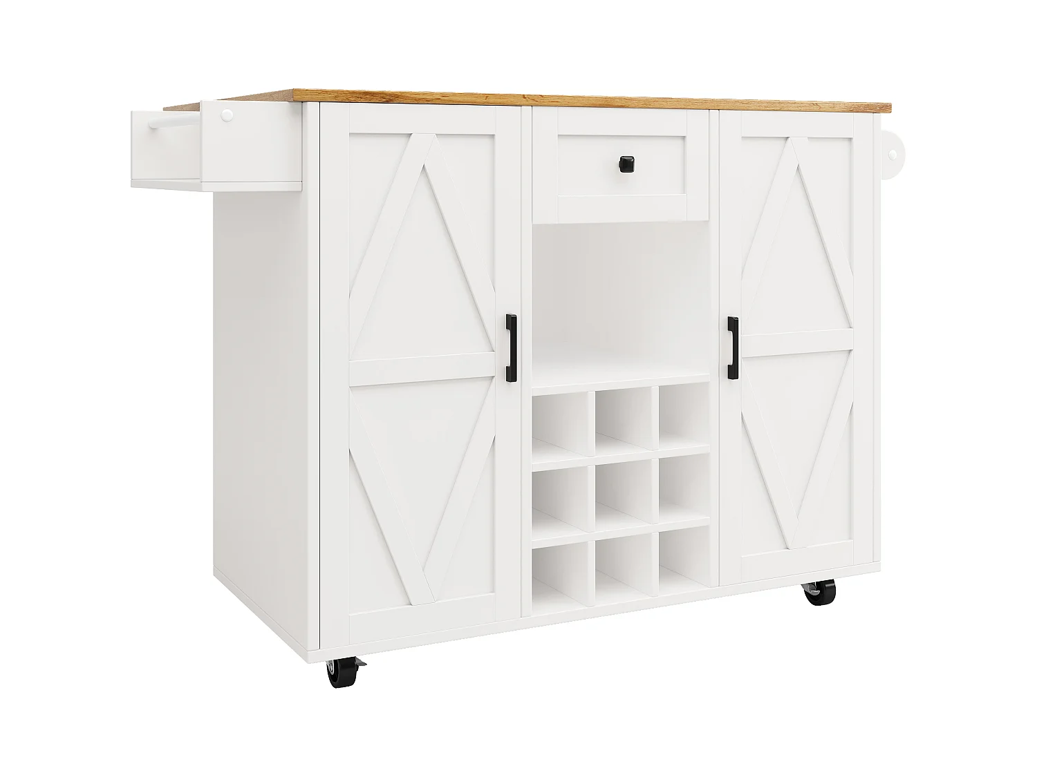 Ilot central de cuisine mobile - Plateau extensible - 1 tiroir et 3 portes avec étagères - avec porte-serviettes - MDF - blanc + naturel