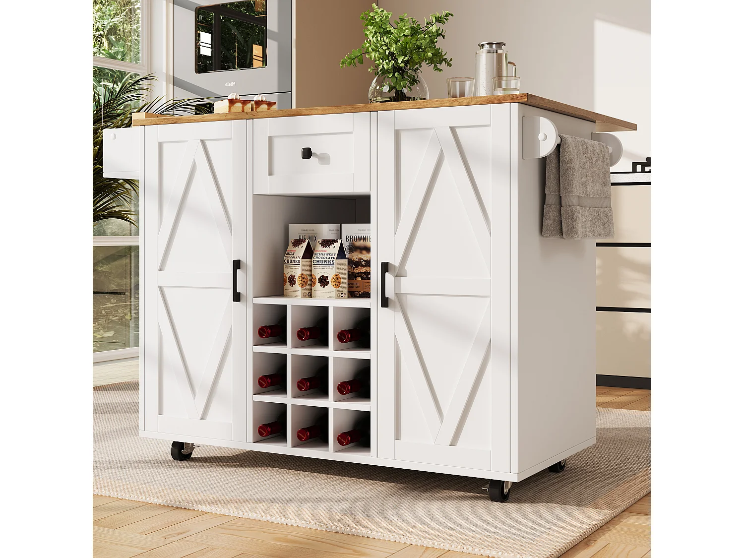 Mobiel keukeneiland - Uitschuifbaar werkblad - 1 lade en 3 deuren met planken - met handdoekhouder - MDF - wit en naturel