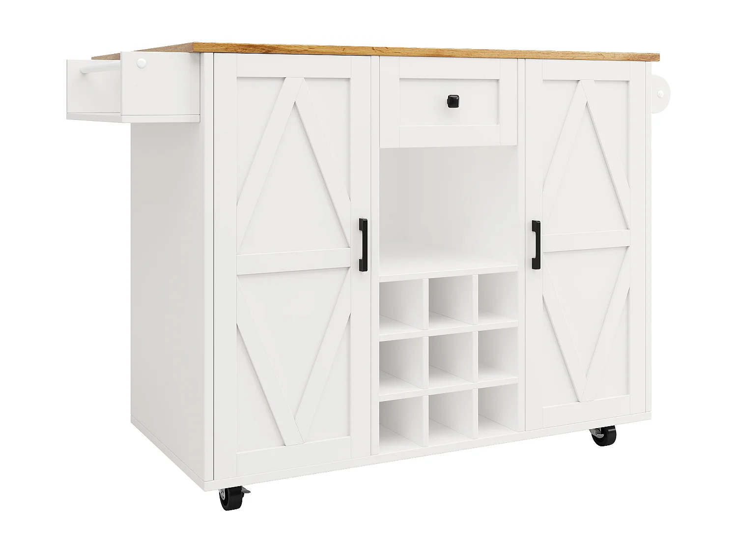 Mobiel keukeneiland - Uitschuifbaar werkblad - 1 lade en 3 deuren met planken - met handdoekhouder - MDF - wit en naturel